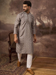 Men Grey Silk Blend Solid Embroidered Straight Kurta With Pant Set-MKSET1420