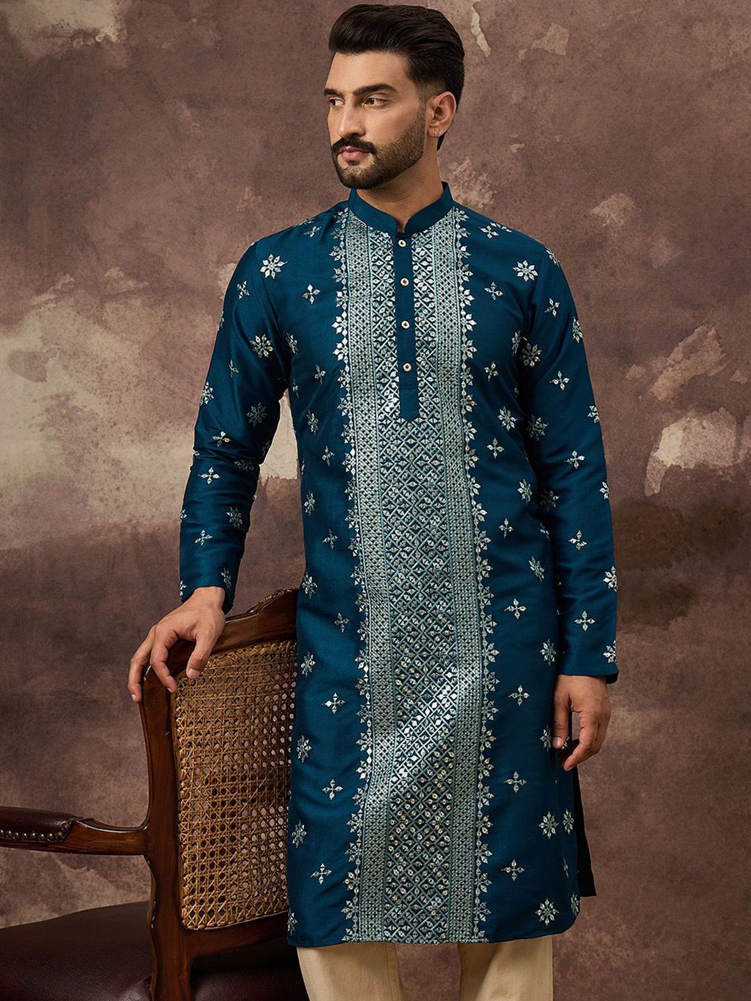 Men Blue Silk Blend Solid Embroidered Straight Kurta With Pant Set-MKSET1371