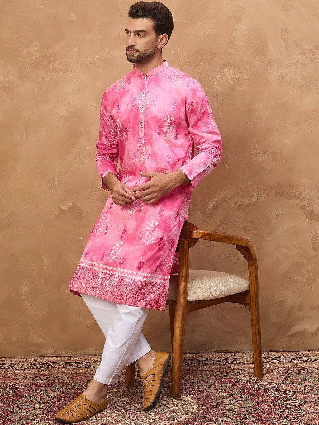 Men Pink Silk Blend Batik Embroidered Straight Kurta With Pant Set-MKSET1515