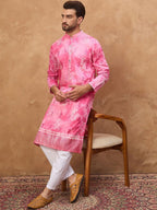 Men Pink Silk Blend Batik Embroidered Straight Kurta With Pant Set-MKSET1515