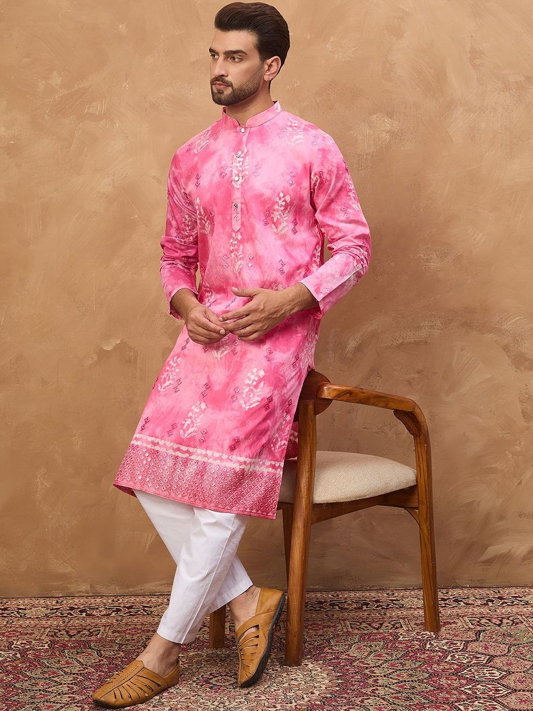 Men Pink Silk Blend Batik Embroidered Straight Kurta With Pant Set-MKSET1515