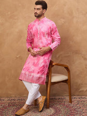 Men Pink Silk Blend Batik Embroidered Straight Kurta With Pant Set-MKSET1515