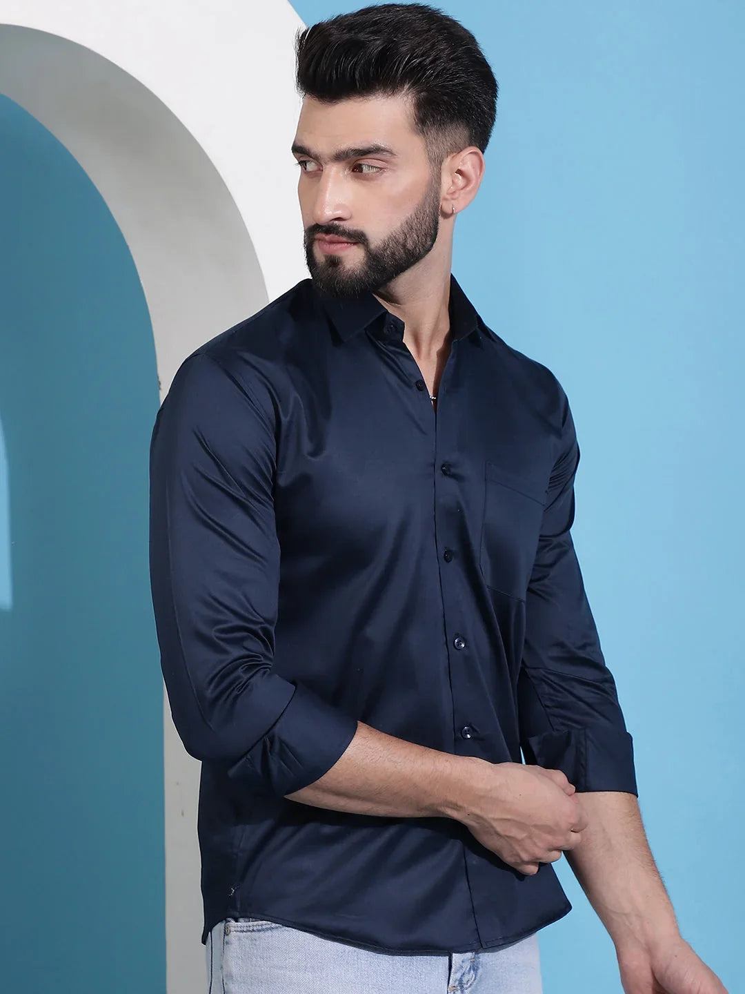 Blue Cotton Solid Shirts SF_883Navy | DesiQlo