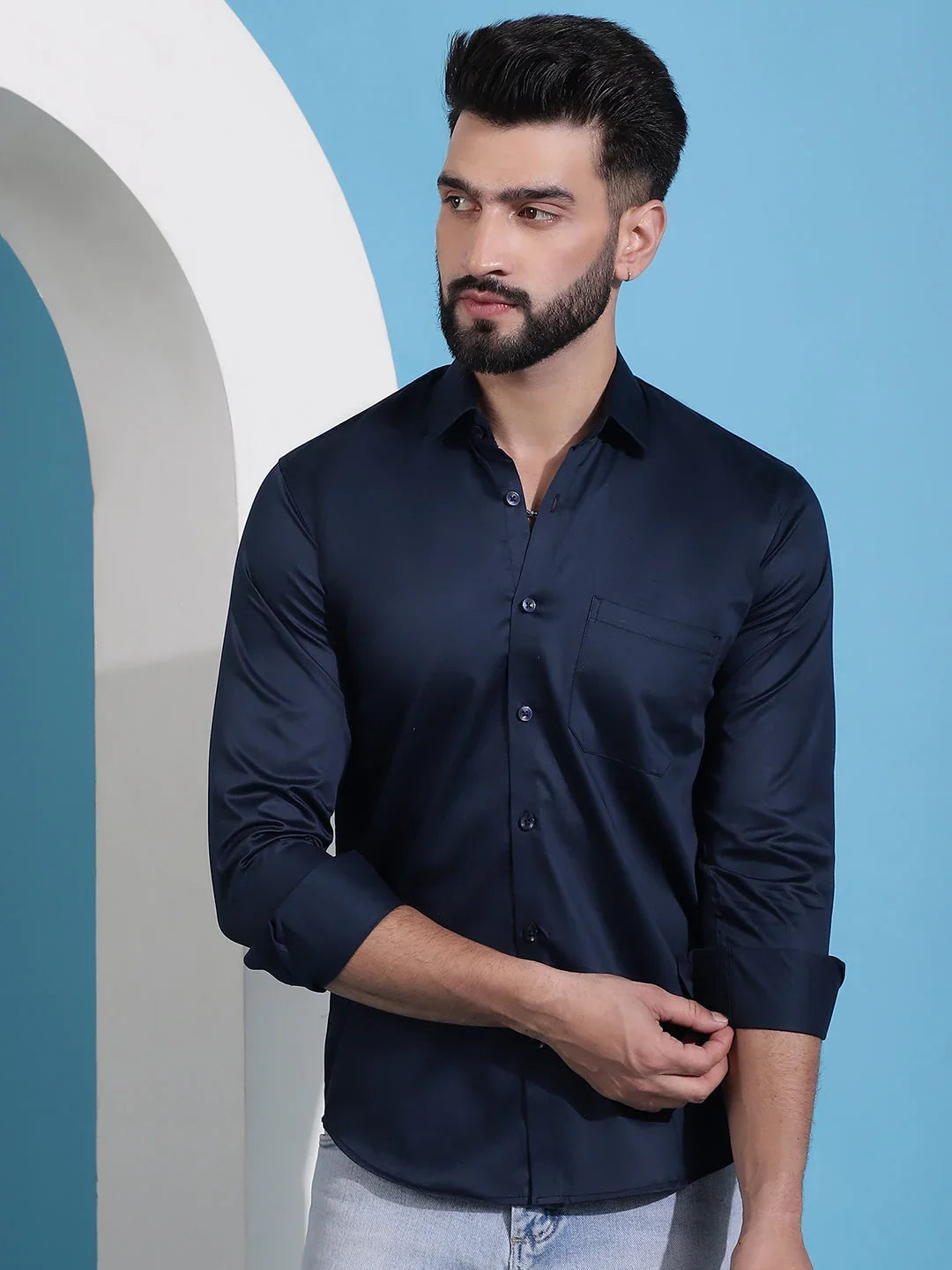 Men's Cotton Solid Casual Shirt-SF-883Navy