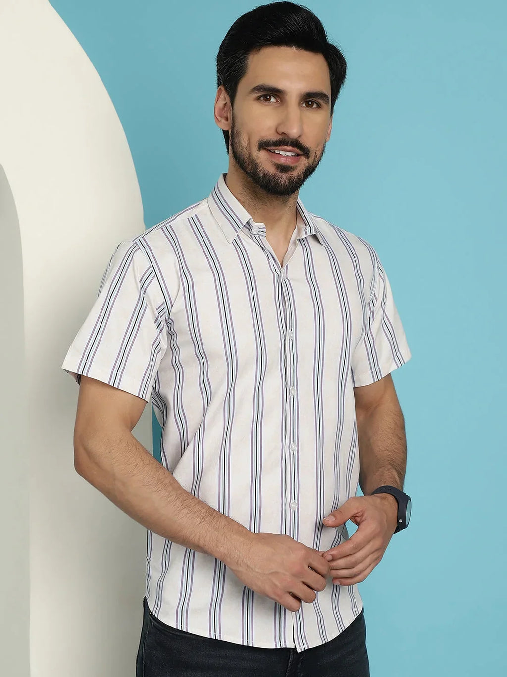 Men's Vertical Striped Half Sleeve Casual Shirt for Mens