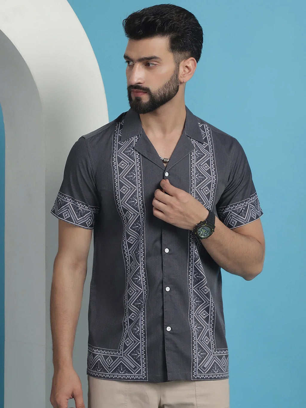 Printed Half Sleeve Lycra Shirt for Men-SF-919Grey