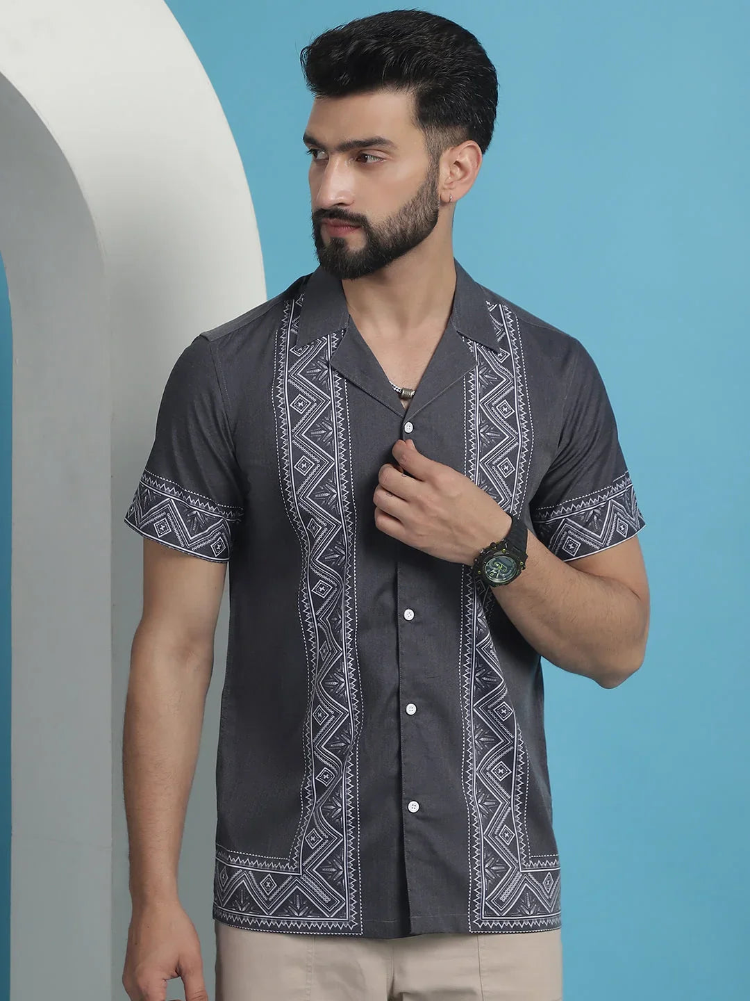 Printed Half Sleeve Lycra Shirt for Men-SF-919Grey