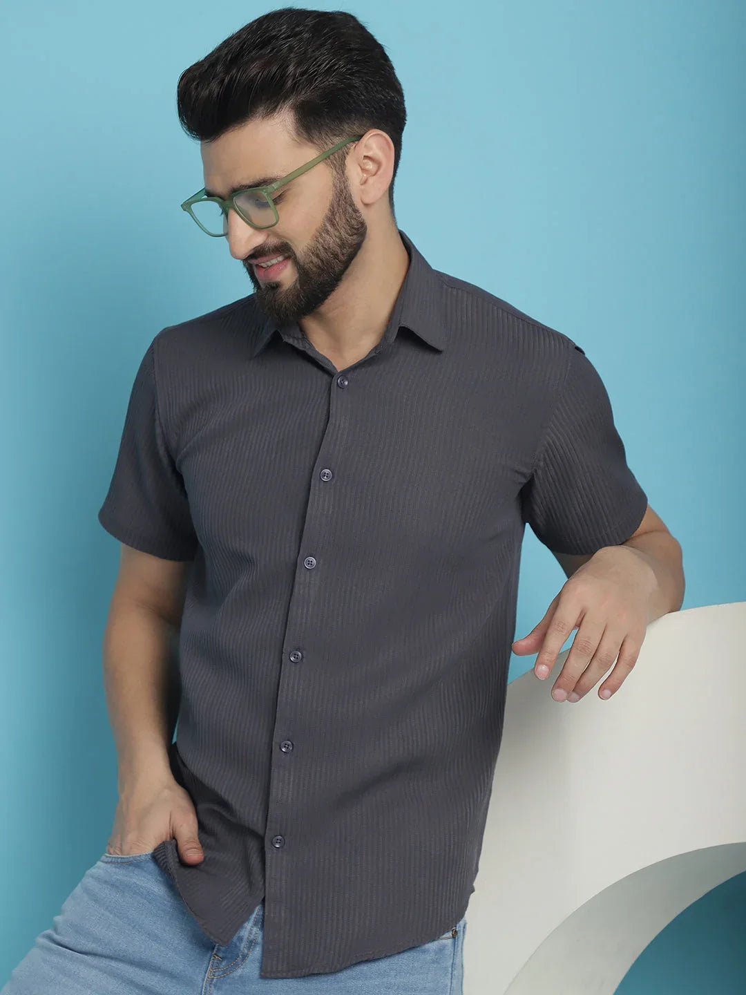 Striped Half Sleeve Casual Shirt for Men's-SF-921Grey
