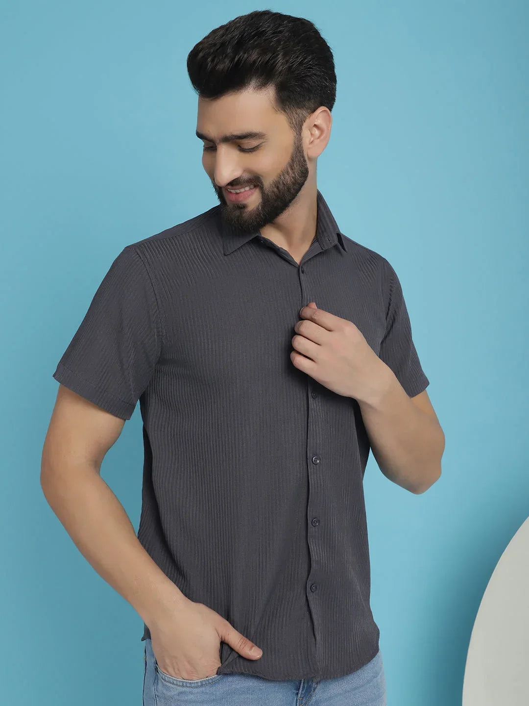 Striped Half Sleeve Casual Shirt for Men's-SF-921Grey