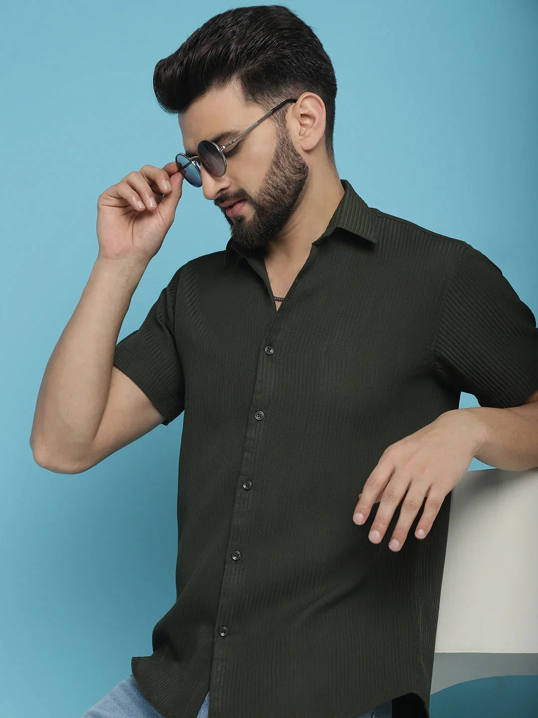 Green Cotton Solid Shirts SF_921Olive | DesiQlo