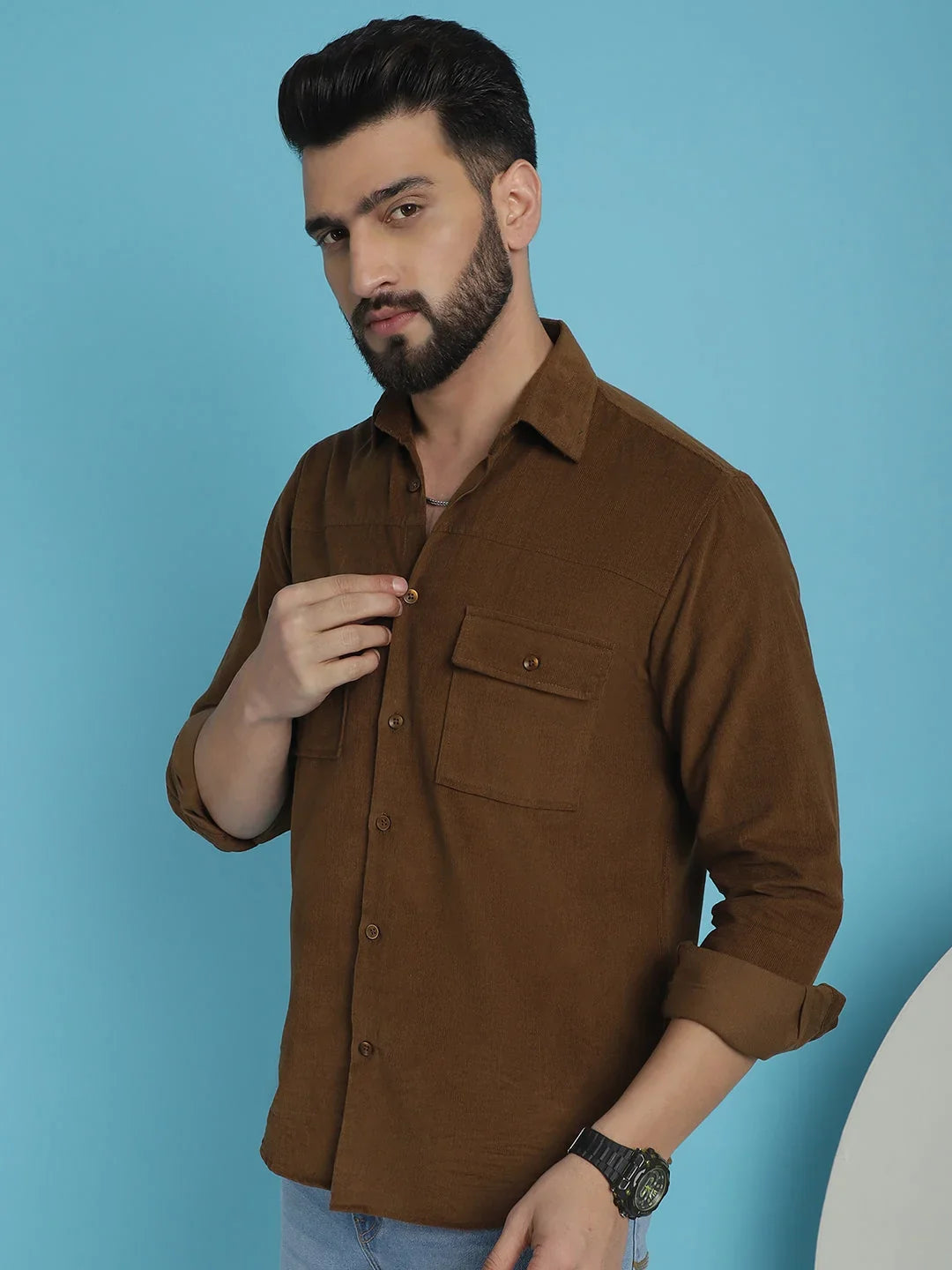 Men Standard Corduroy Cotton Shirt-SF-925Brown