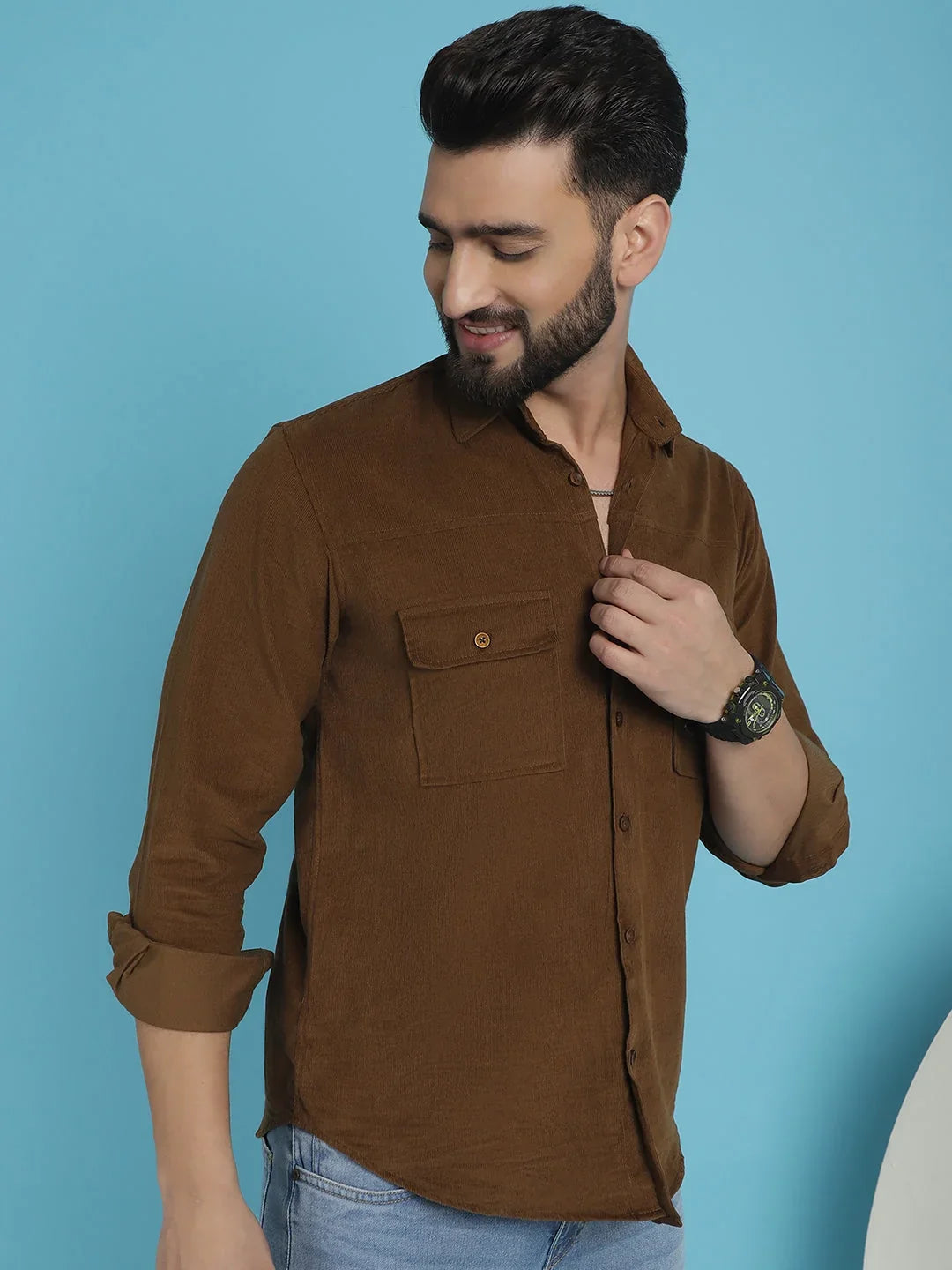 Men Standard Corduroy Cotton Shirt-SF-925Brown