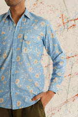 Printed Spread Collar Cotton Curved Casual Shirt-SF-930Blue