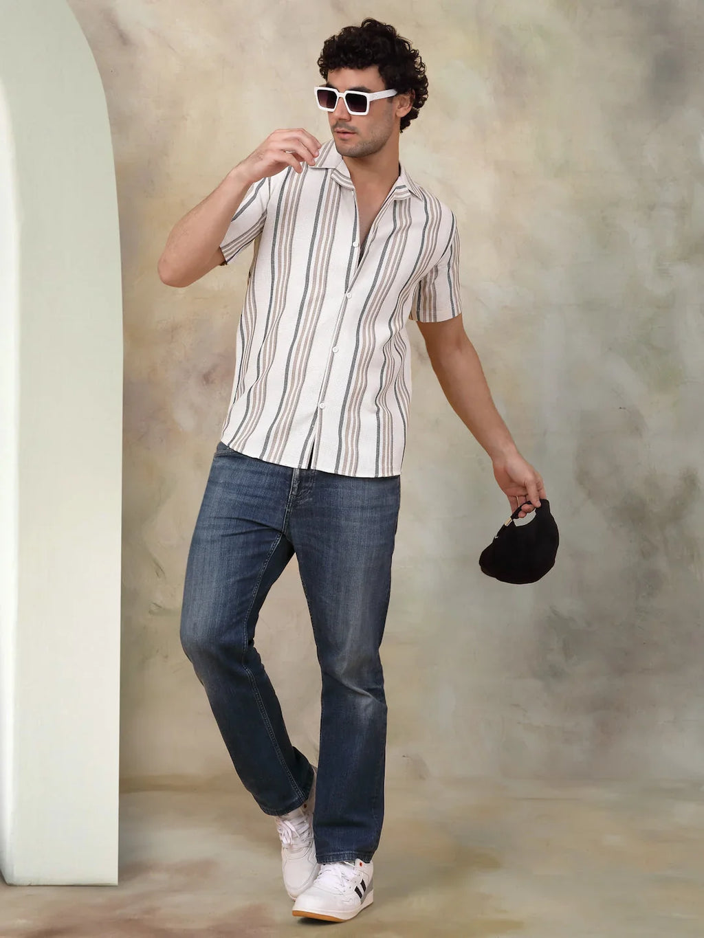 Striped Half Sleeve Cotton Shirt for Men-SF-931Light-Brown