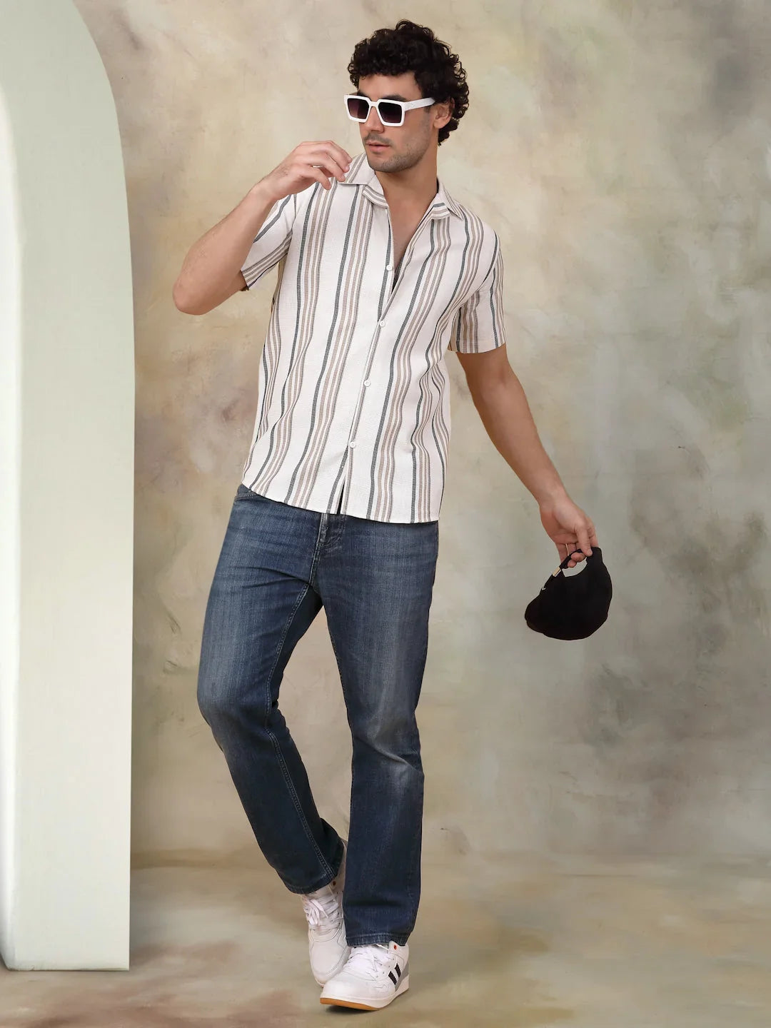 Striped Half Sleeve Cotton Shirt for Men-SF-931Light-Brown
