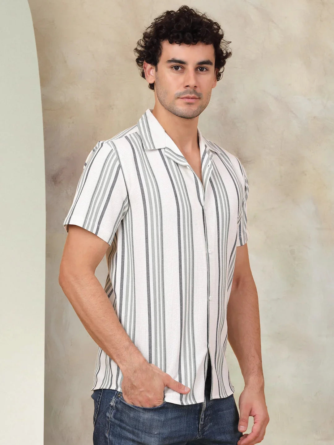 Striped Half Sleeve Cotton Shirt for Men-SF-931Off-White