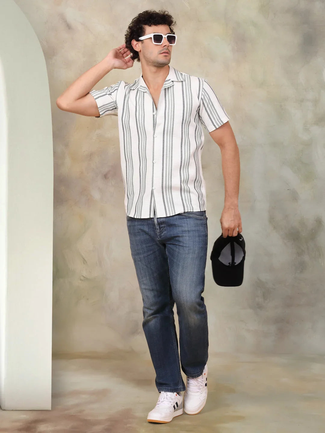 Striped Half Sleeve Cotton Shirt for Men-SF-931Off-White
