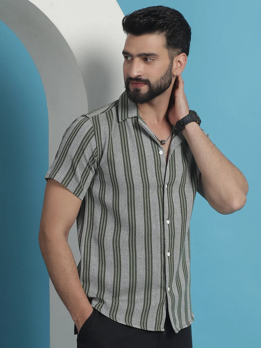 Printed Half Sleeve Cotton Shirt for Men-SF-931Olive