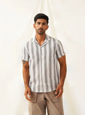 Classic Gey Striped Spread Collar Cotton Curved Casual Shirt-SF-931White