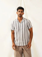 Classic Gey Striped Spread Collar Cotton Curved Casual Shirt-SF-931White