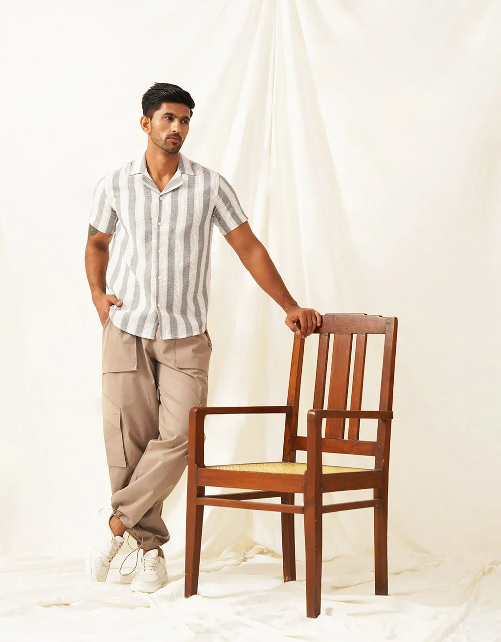 Classic Gey Striped Spread Collar Cotton Curved Casual Shirt-SF-931White