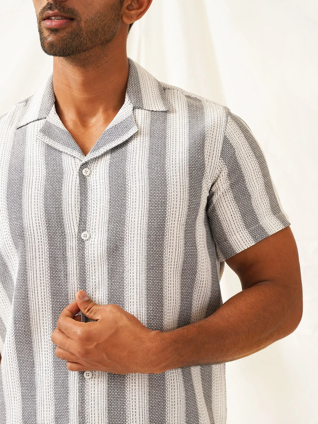 Classic Gey Striped Spread Collar Cotton Curved Casual Shirt-SF-931White
