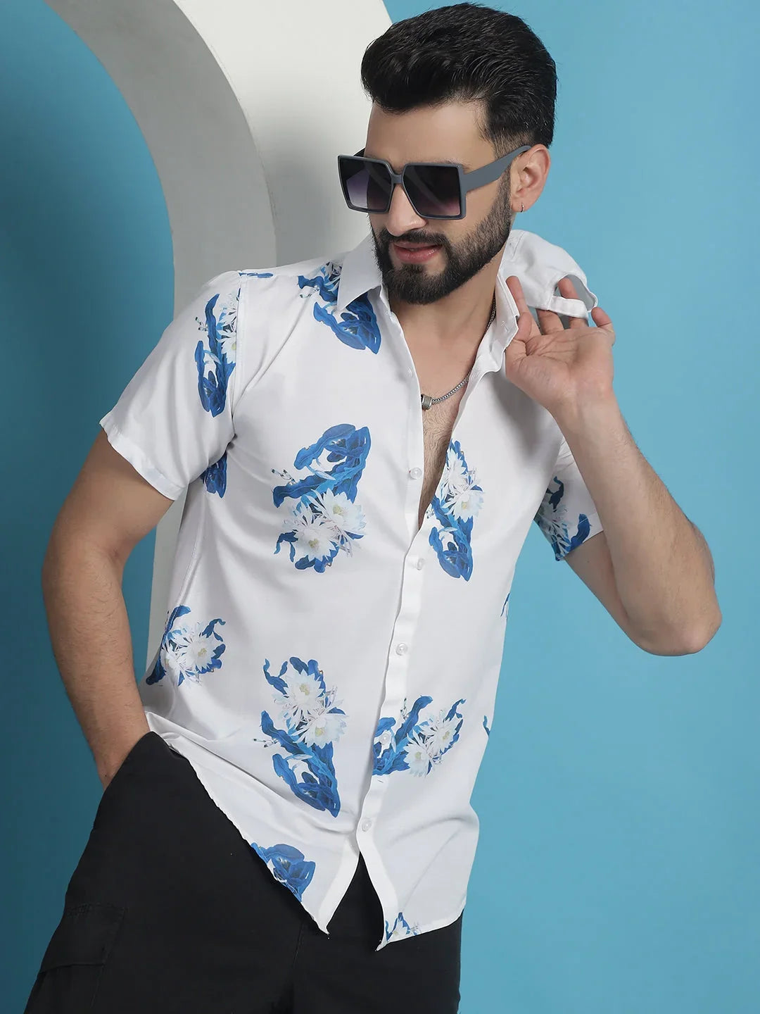 Blue Floral Printed Cotton Casual Shirt-SF-934Blue