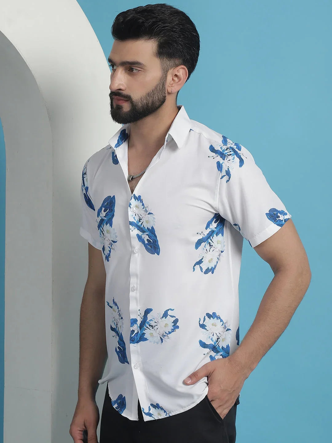 Blue Floral Printed Cotton Casual Shirt-SF-934Blue