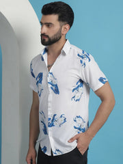 Blue Floral Printed Cotton Casual Shirt-SF-934Blue