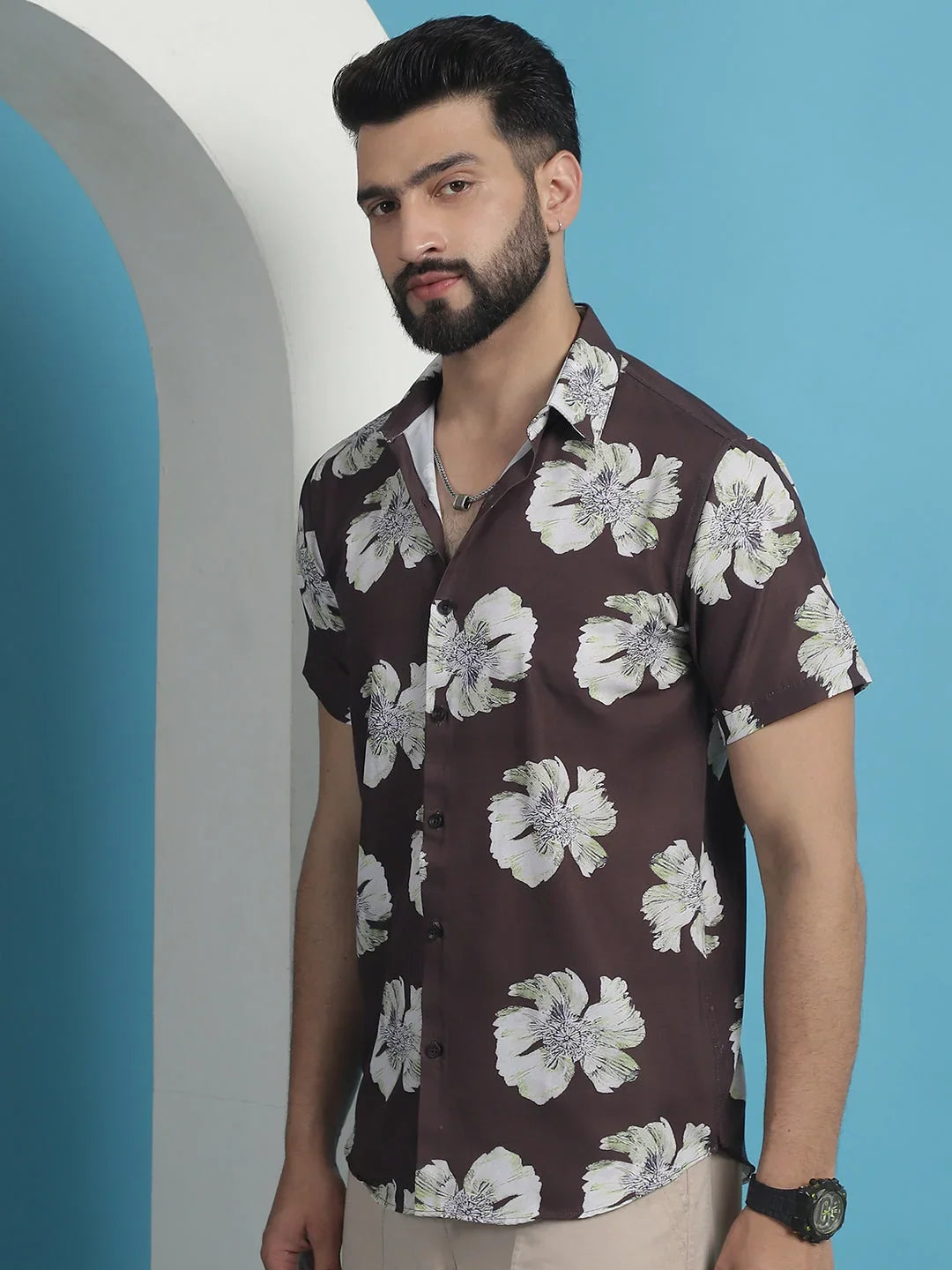 Brown Floral Printed Cotton Casual Shirt-SF-934Brown