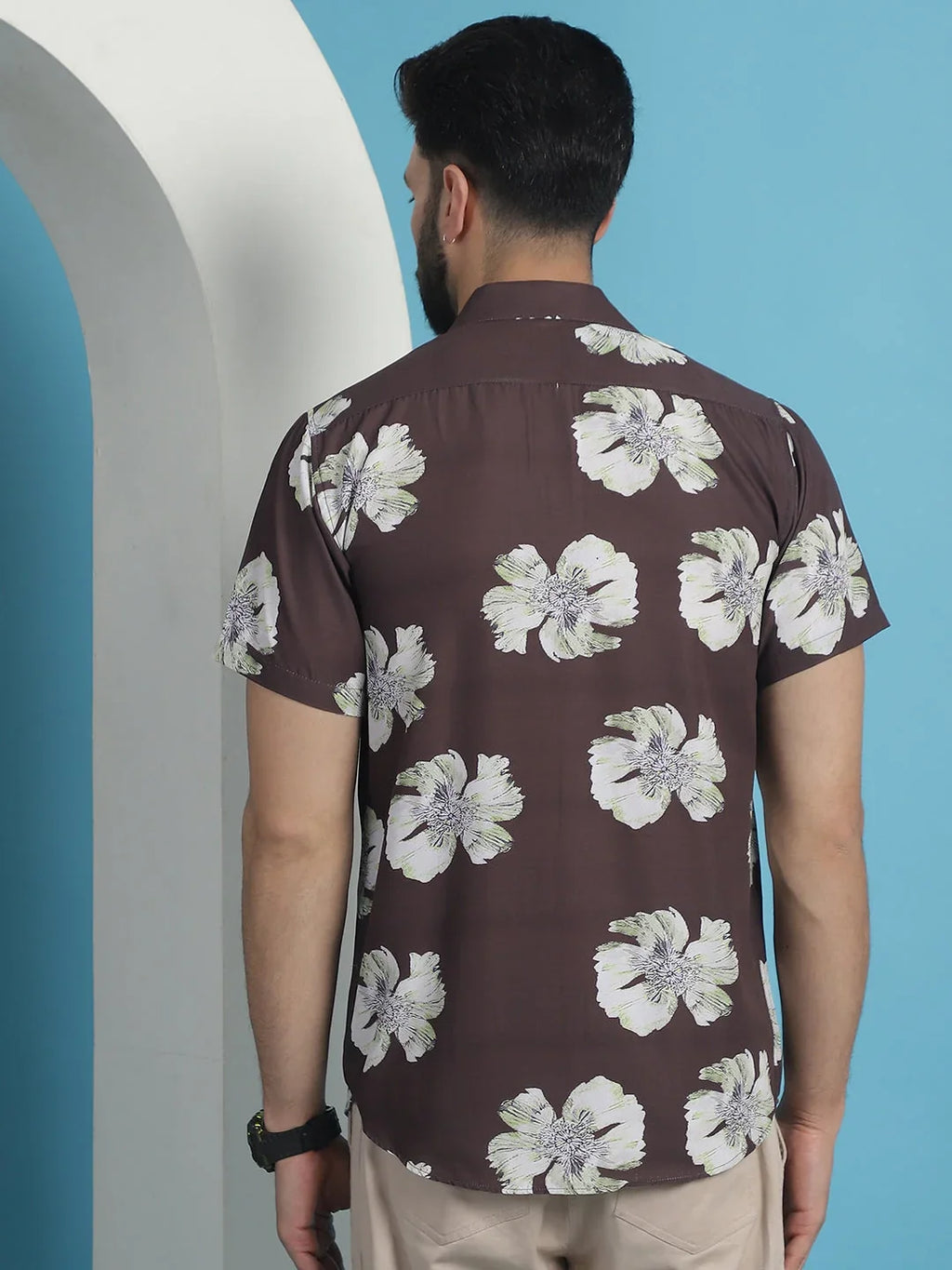 Brown Floral Printed Cotton Casual Shirt-SF-934Brown