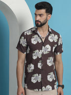 Brown Floral Printed Cotton Casual Shirt-SF-934Brown