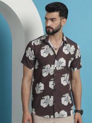 Brown Floral Printed Cotton Casual Shirt-SF-934Brown