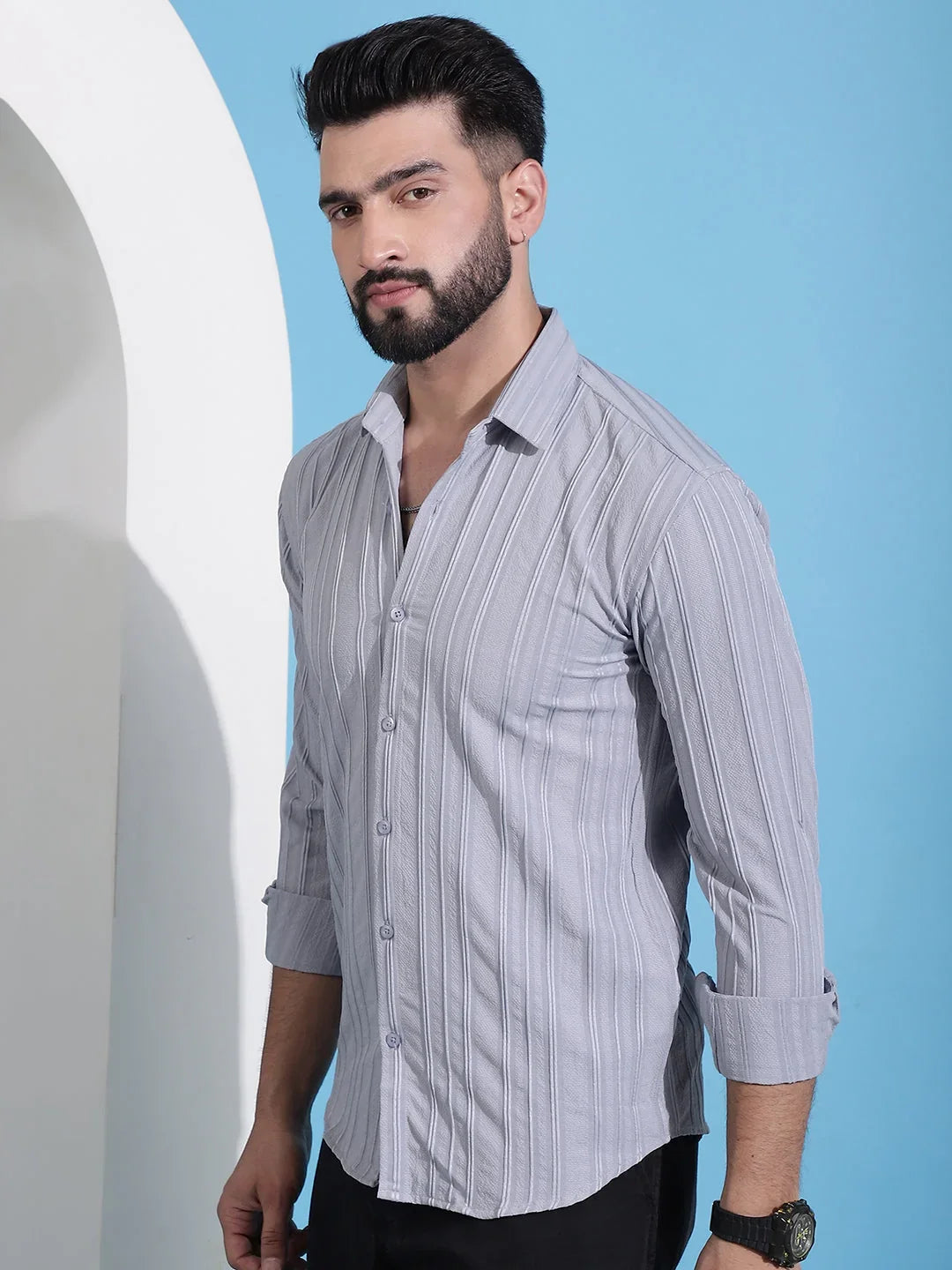 Grey Striped Casual Shirt for Mens.-SF-937Light-Grey