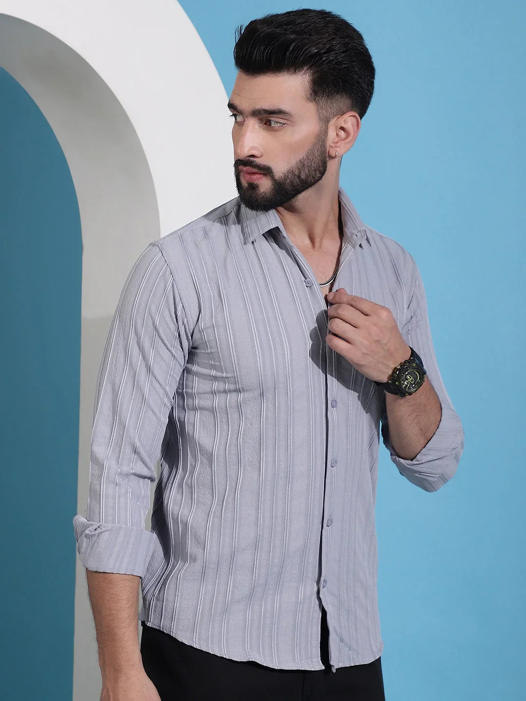 Grey Striped Casual Shirt for Mens.-SF-937Light-Grey