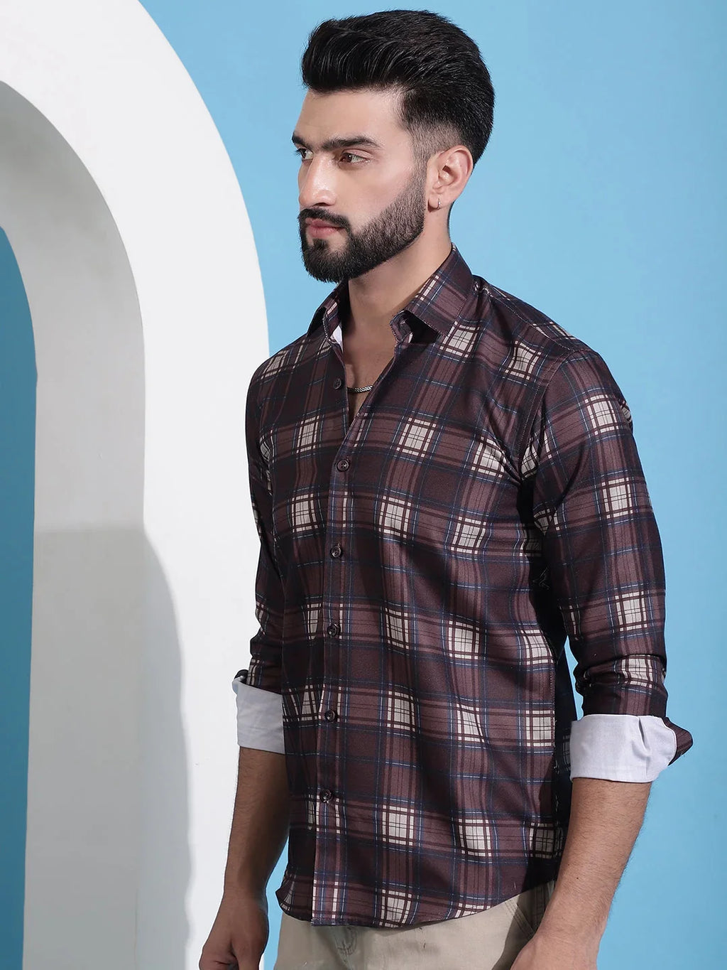 Coffee Brown Checked Cotton Casual Shirt for Men-SF-942Coffee