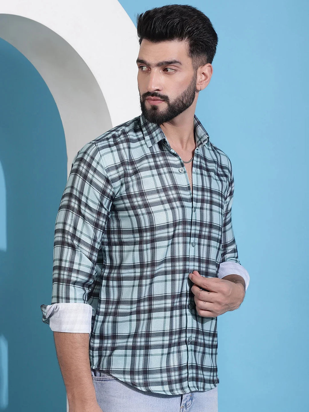 Green Checked Cotton Casual Shirt for Men-SF-942Green