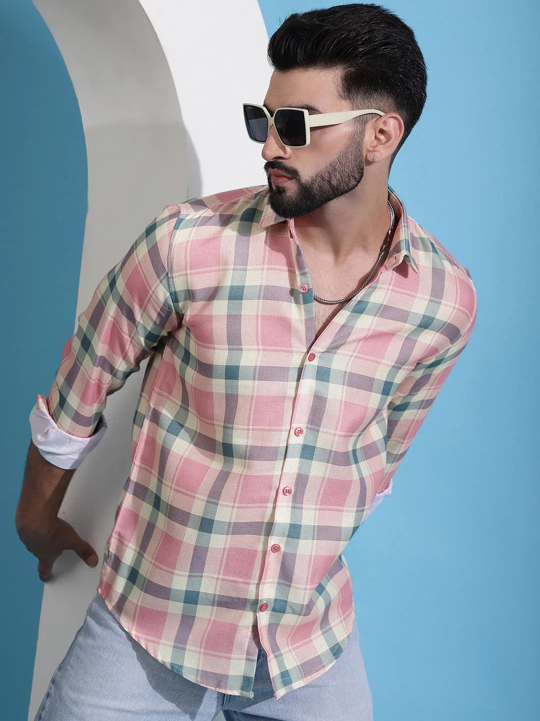 Peach Checked Cotton Casual Shirt for Men-SF-942Peach