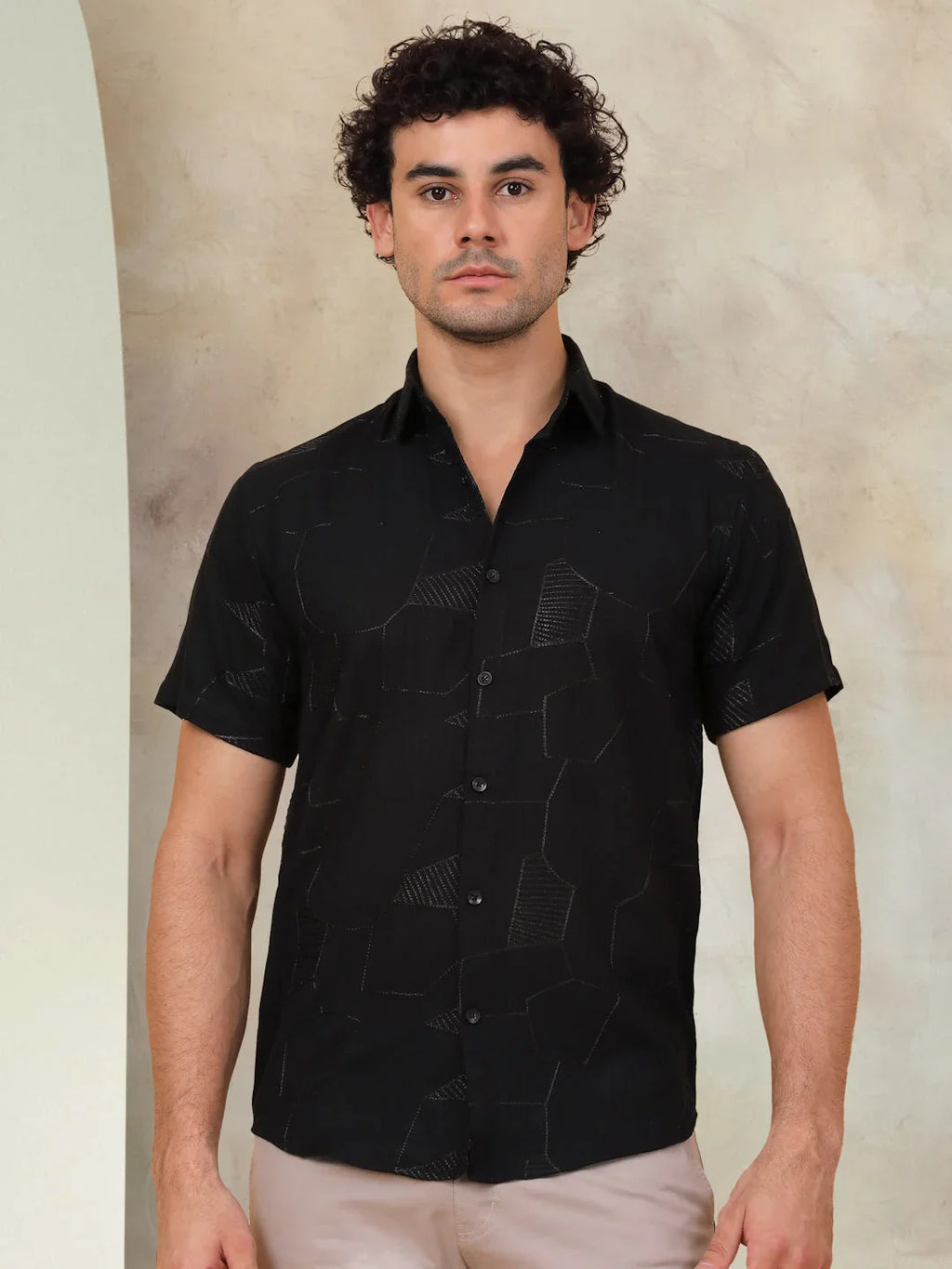 Embroidered Half Sleeve Cotton Shirt for Men-SF-944Black