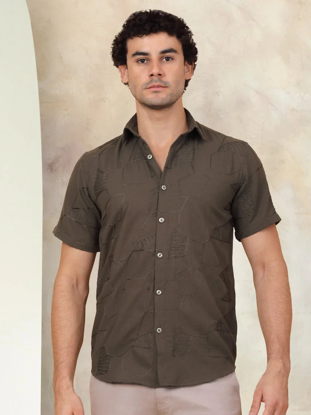Embroidered Half Sleeve Cotton Shirt for Men-SF-944Olive
