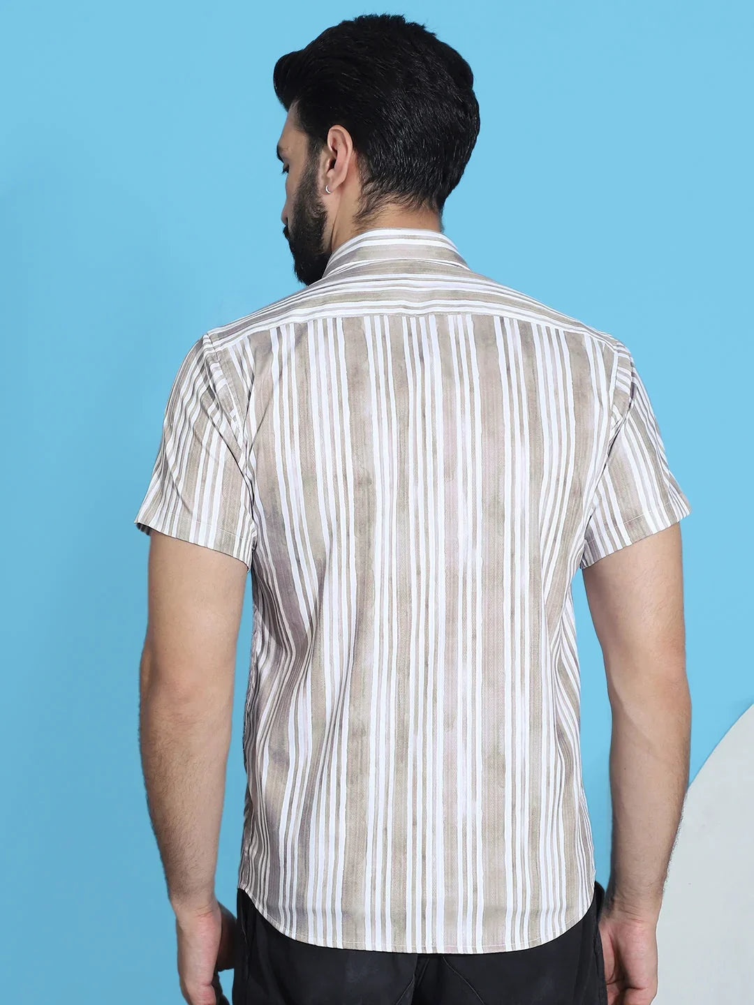 Striped Half Sleeve Cotton Lycra Shirt for Men-SF-947Beige