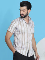 Striped Half Sleeve Cotton Lycra Shirt for Men-SF-947Beige