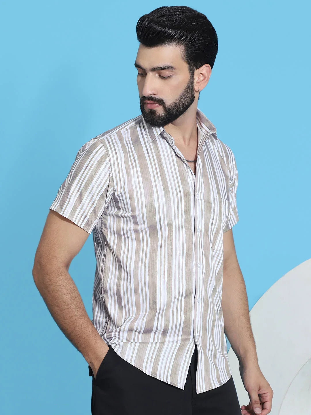 Striped Half Sleeve Cotton Lycra Shirt for Men-SF-947Beige