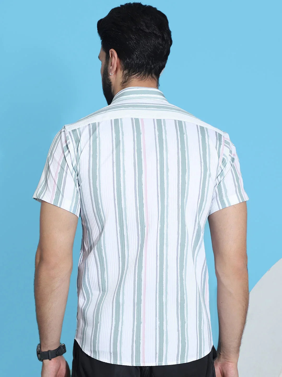 Striped Half Sleeve Cotton Lycra Shirt for Men-SF-947Green