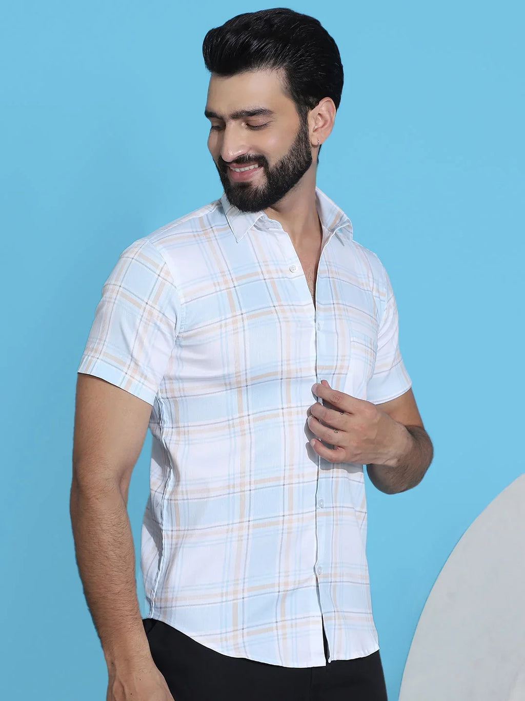 Checked Half Sleeve Cotton Shirt for Men-SF-949Blue