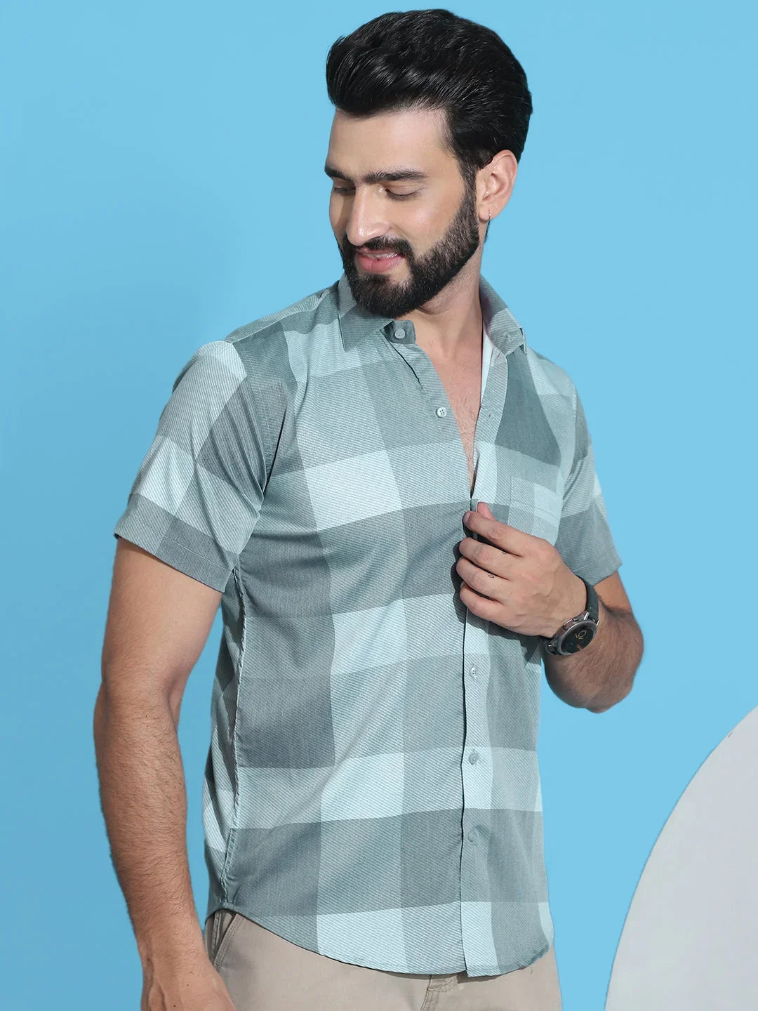 Checked Half Sleeve Cotton Shirt for Men-SF-950Green