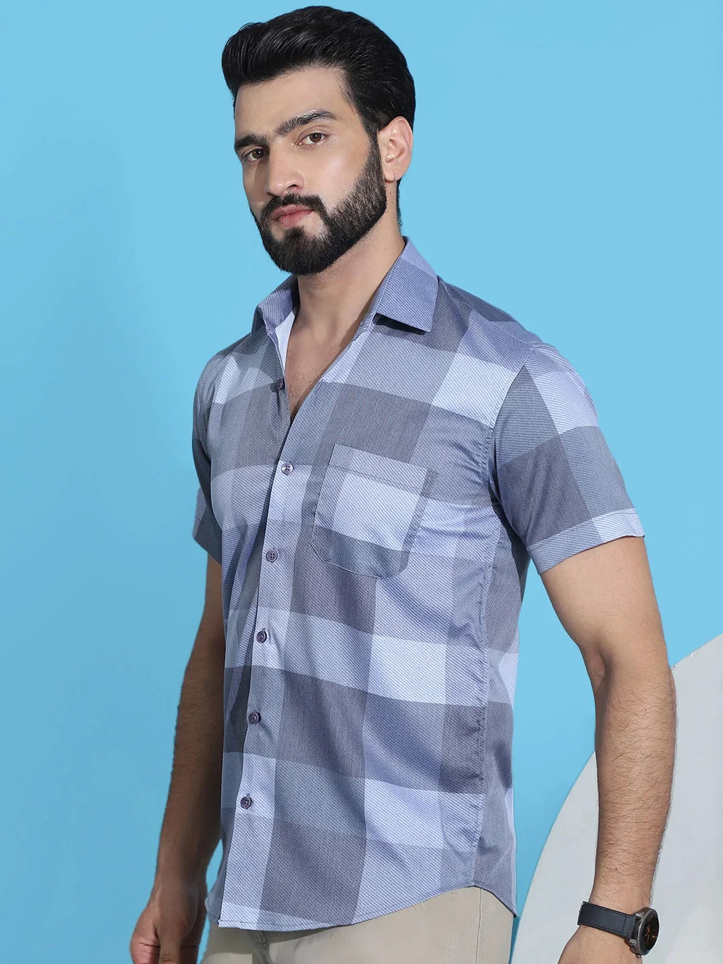Checked Half Sleeve Cotton Shirt for Men-SF-950Grey