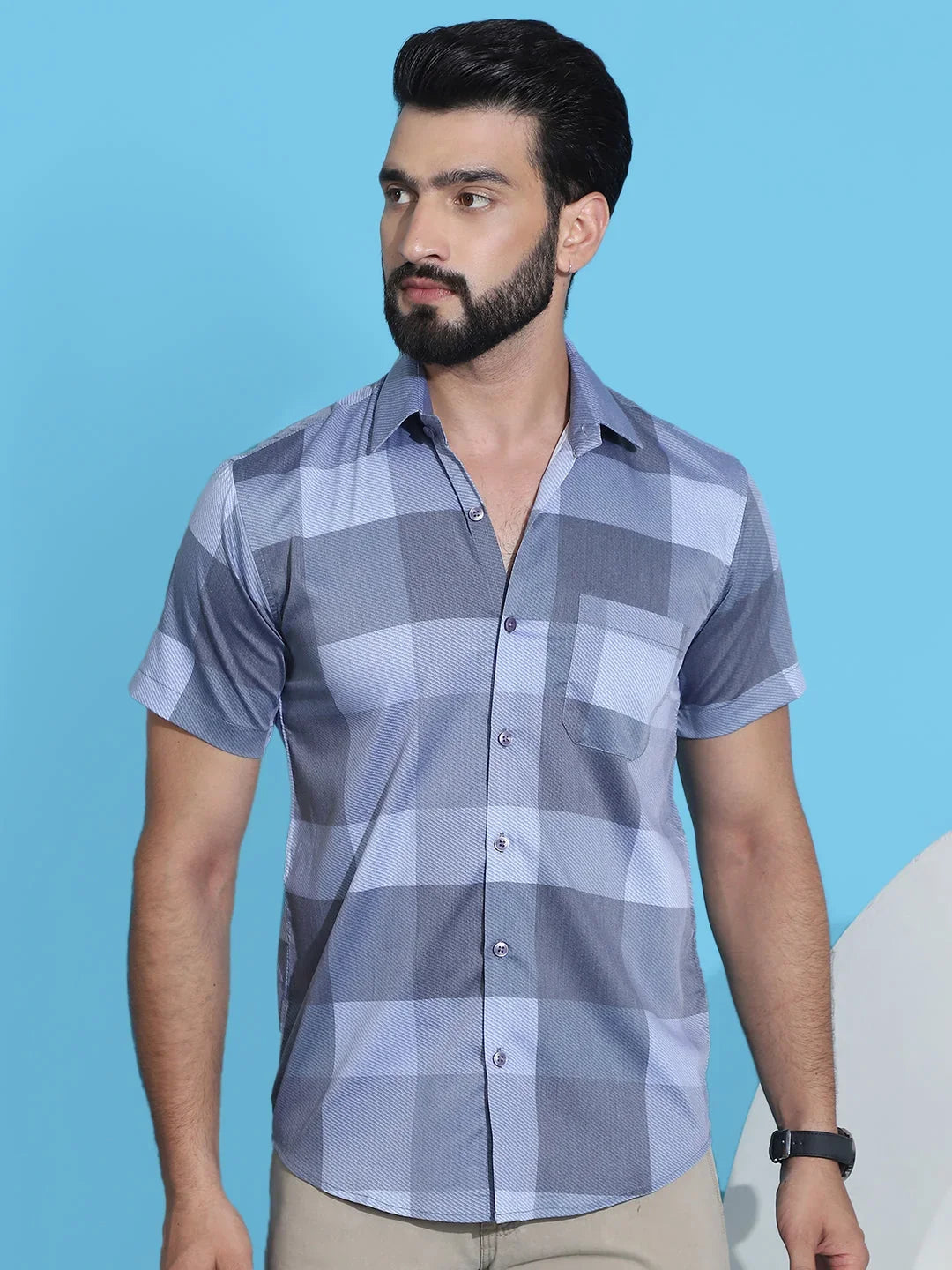 Checked Half Sleeve Cotton Shirt for Men-SF-950Grey