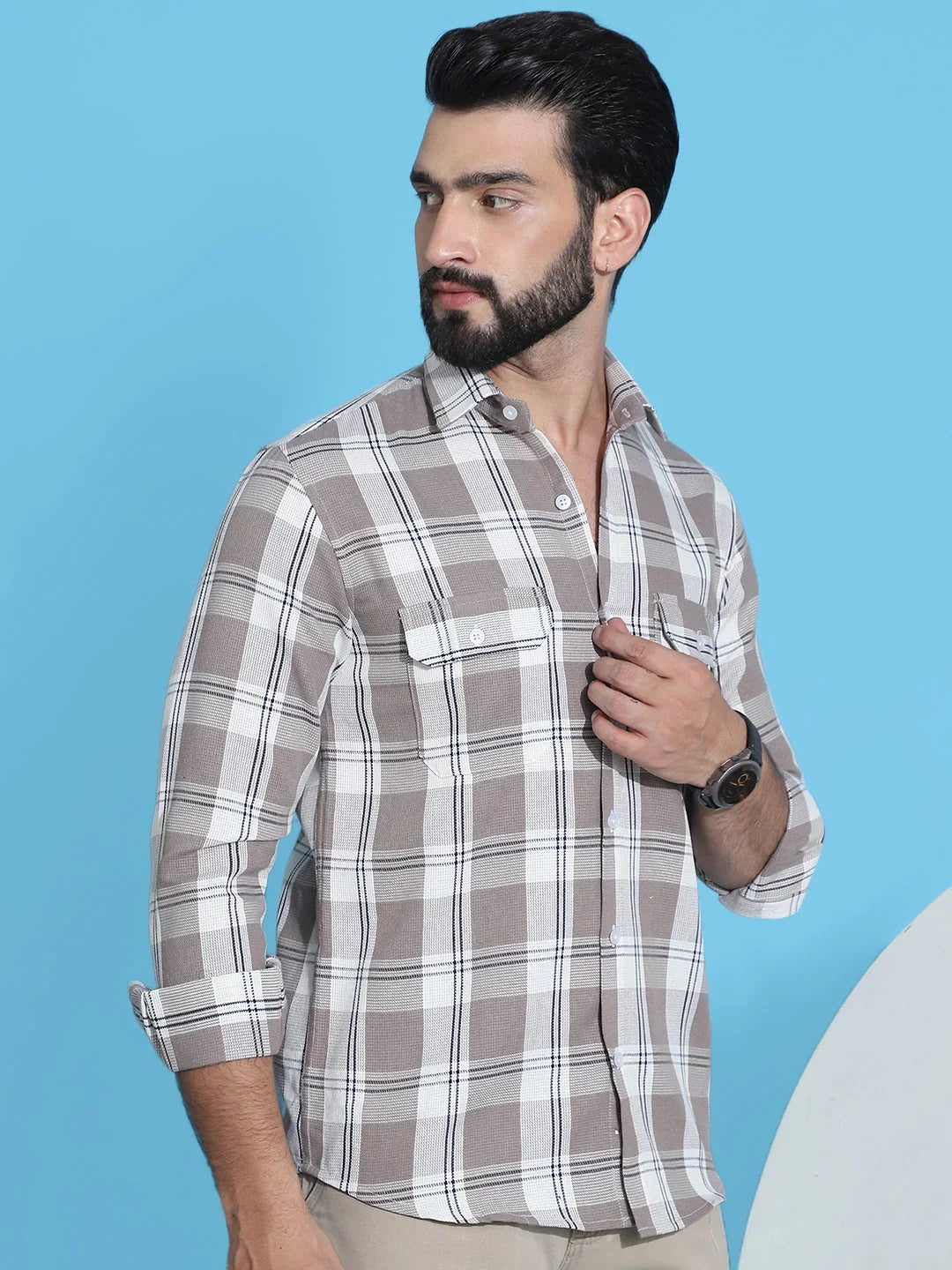 Checked Pure Cotton Shirt for Men-SF-951Brown