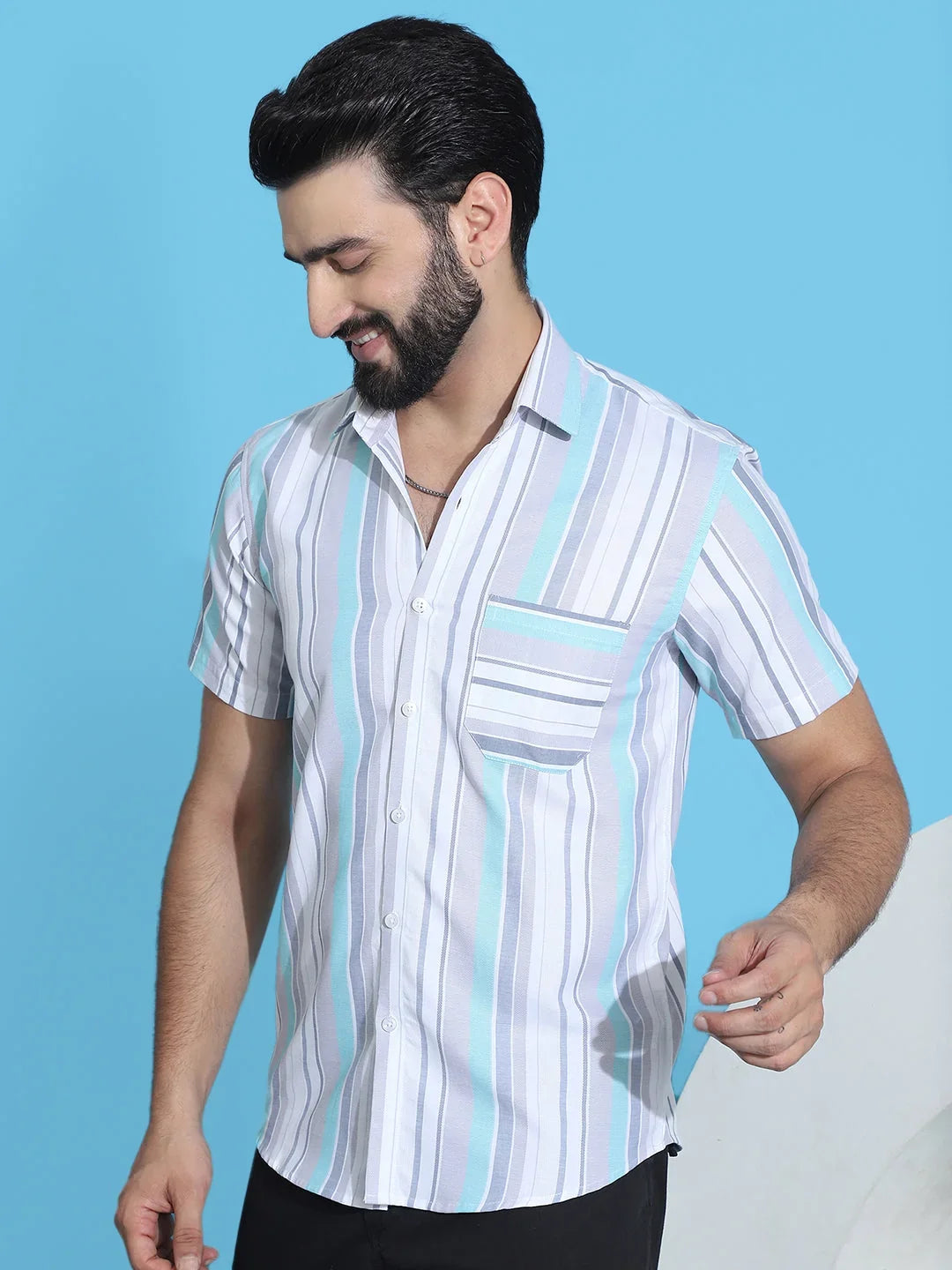 Striped Half Sleeve Cotton Lycra Shirt for Men-SF-952Grey